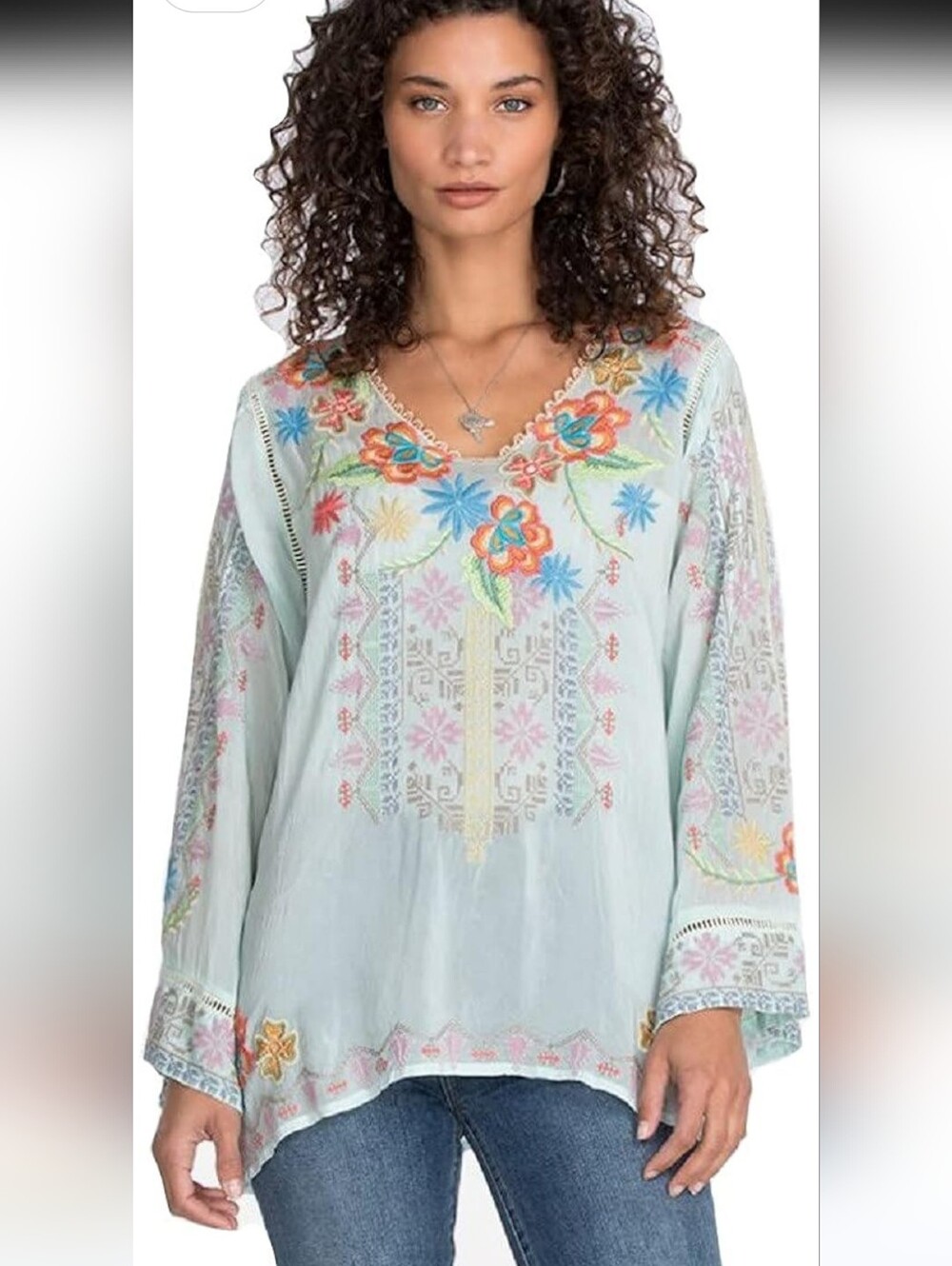 JOHNNY WAS Riveda Embroidered Blouse Seafoam Green Boho Coastal M